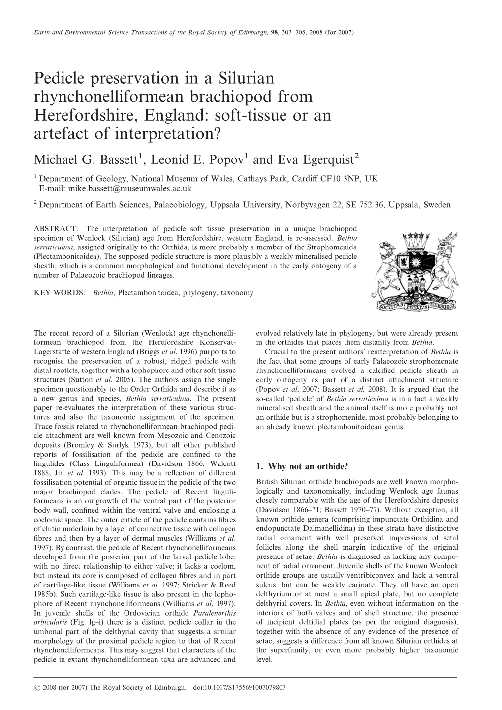 Pedicle Preservation in a Silurian Rhynchonelliformean Brachiopod from Herefordshire, England: Soft-Tissue Or an Artefact of Interpretation? Michael G