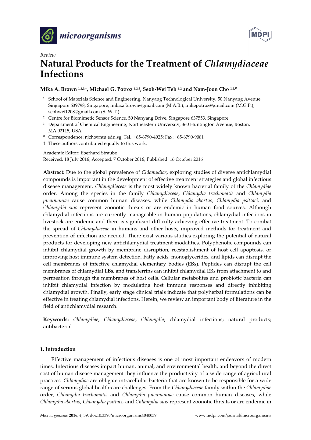 Natural Products for the Treatment of Chlamydiaceae Infections