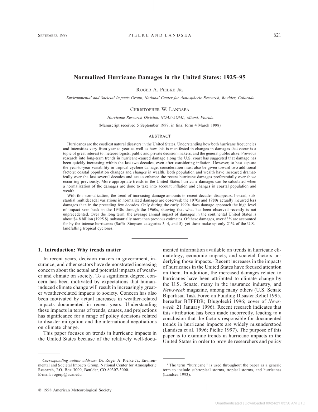 Normalized Hurricane Damages in the United States: 1925–95