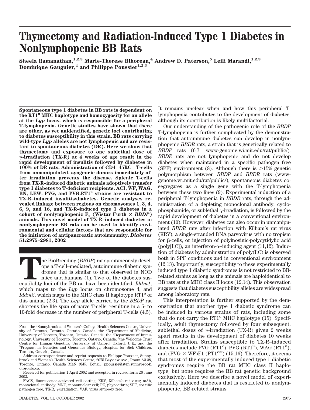 Thymectomy and Radiation-Induced Type 1 Diabetes in Nonlymphopenic BB Rats Sheela Ramanathan,1,2,3 Marie-Therese Bihoreau,4 Andrew D