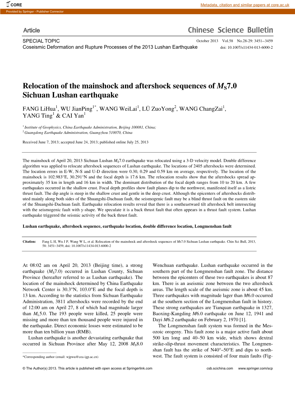 Relocation of the Mainshock and Aftershock Sequences of MS7.0 Sichuan Lushan Earthquake