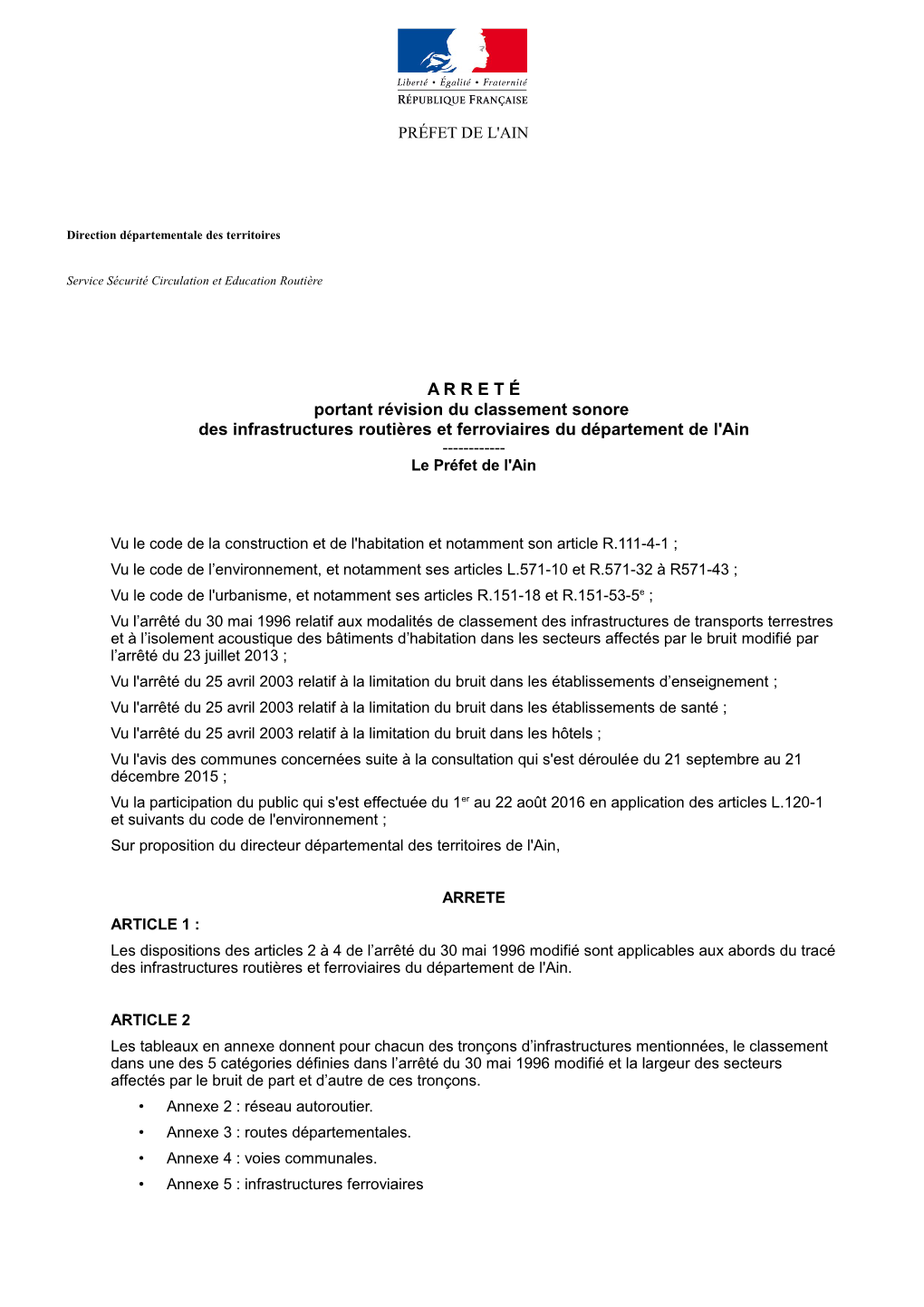 A R R E T É Portant Révision Du Classement Sonore Des Infrastructures Routières Et Ferroviaires Du Département De L'ain ------Le Préfet De L'ain