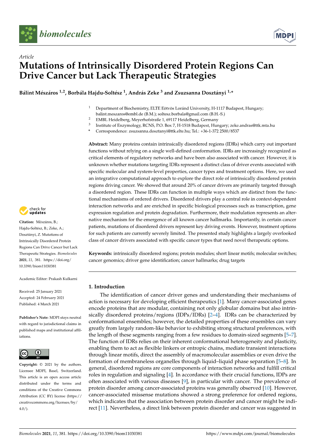 Mutations of Intrinsically Disordered Protein Regions Can Drive Cancer but Lack Therapeutic Strategies