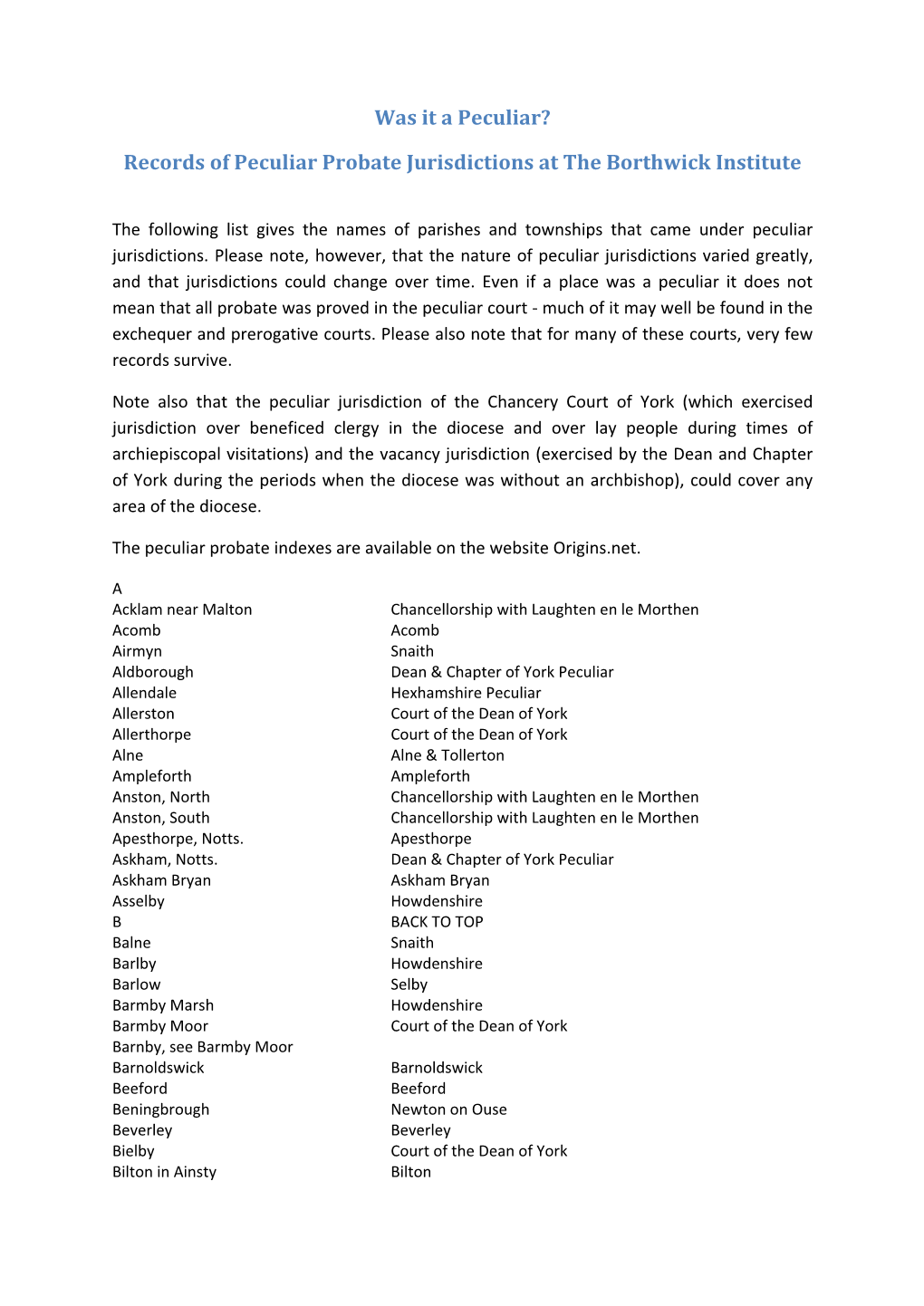 Records of Peculiar Probate Jurisdictions at the Borthwick Institute