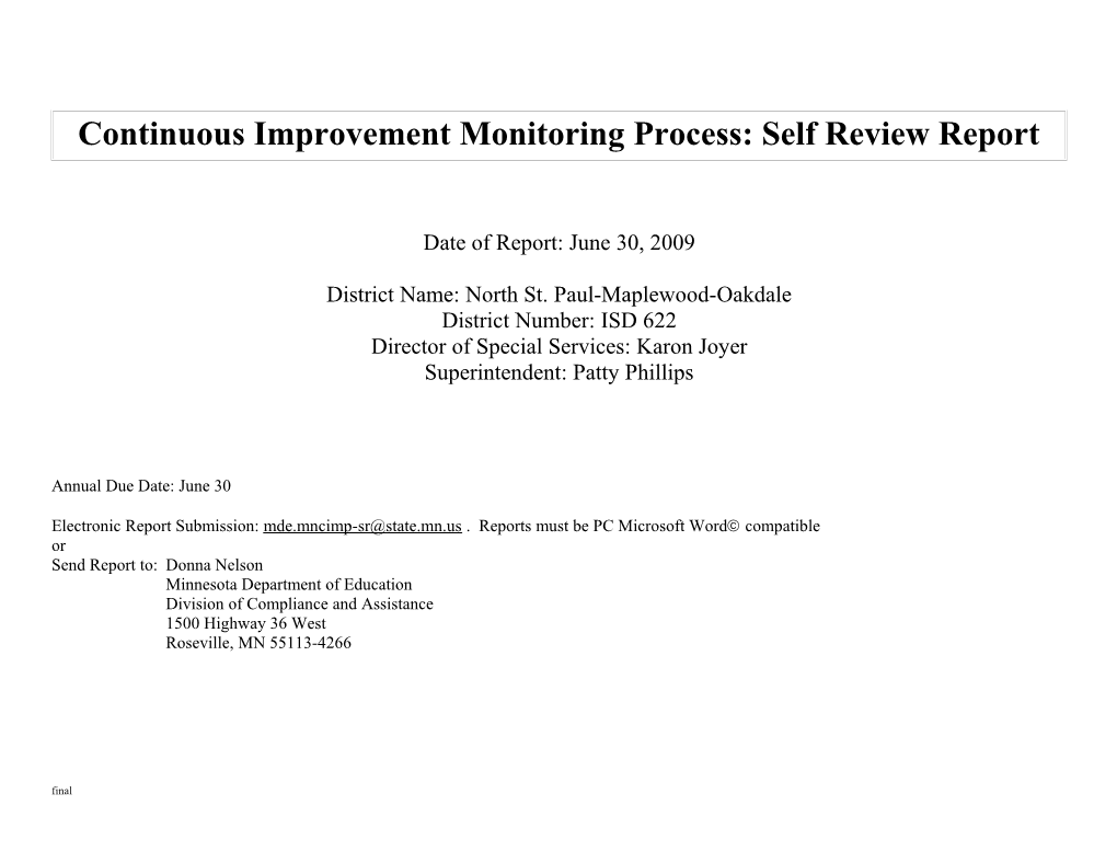 Continuous Improvement Monitoring Process: Self Review Report s1