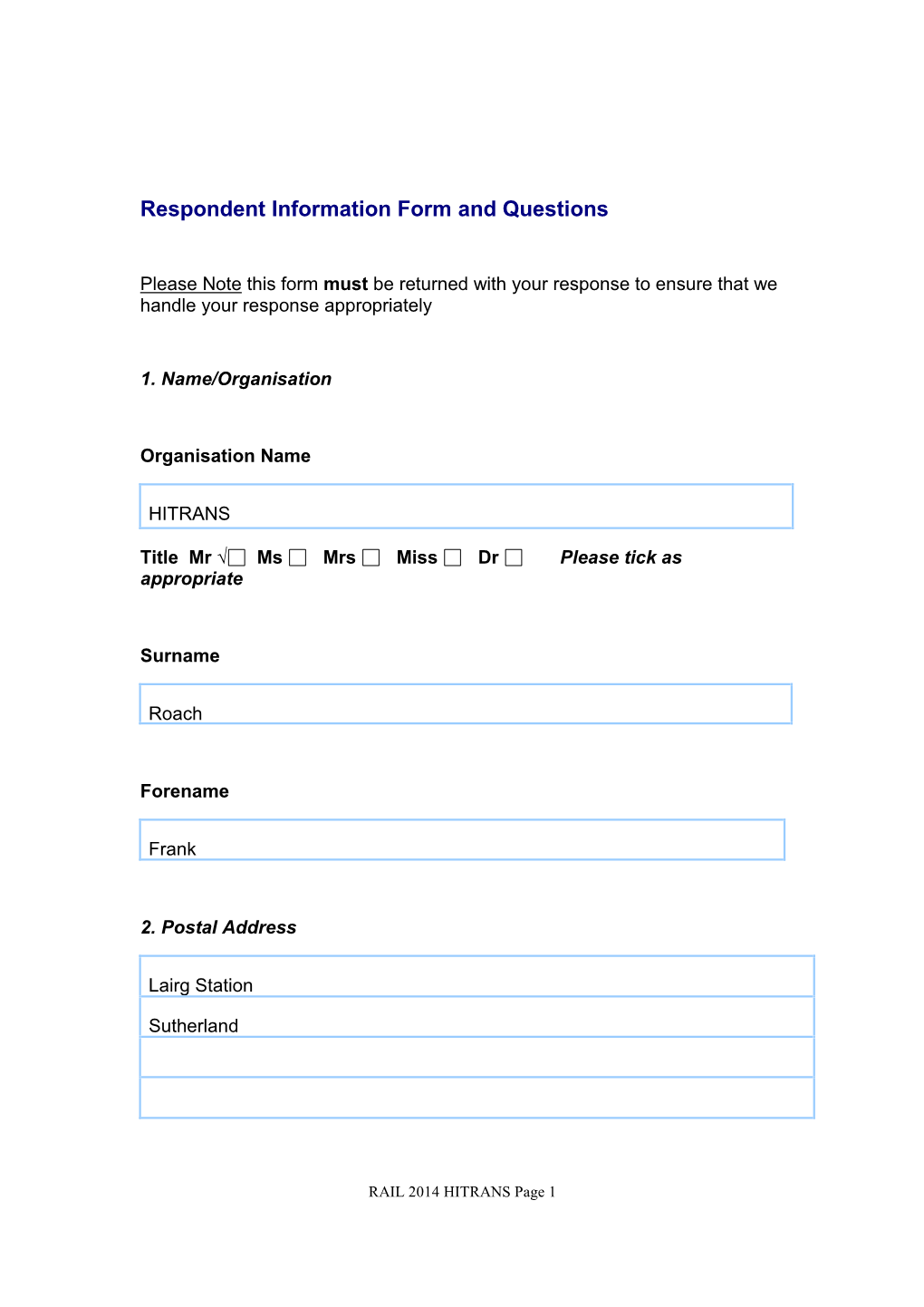 Respondent Information Form and Questions