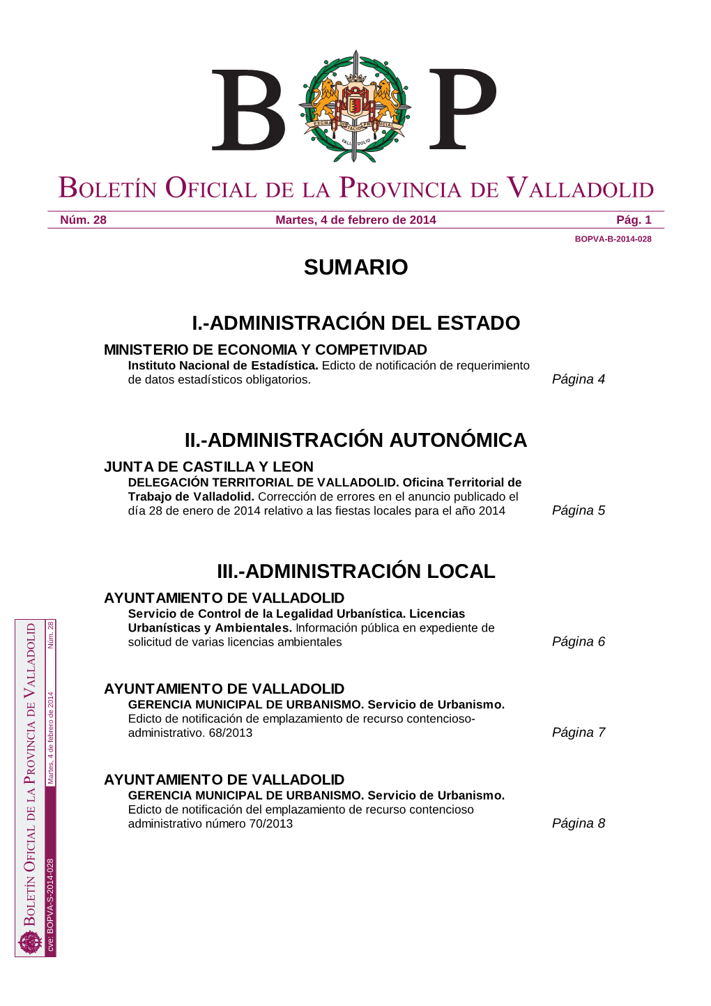 Sumario Boletín Oficial De La Provincia De Valladolid