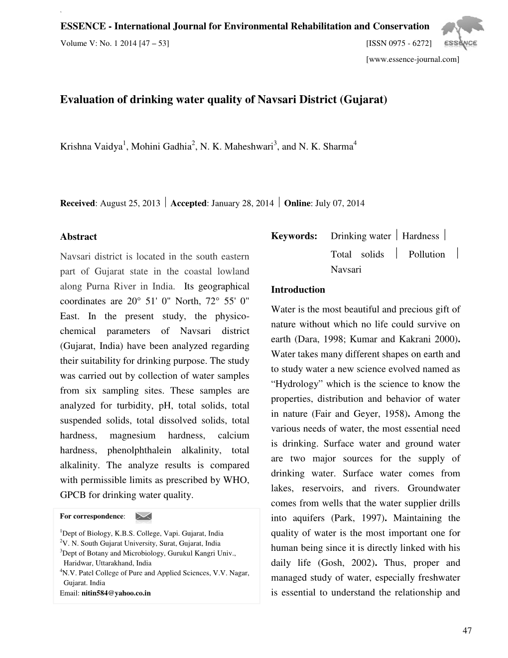 Evaluation of Drinking Water Quality of Navsari District (Gujarat)