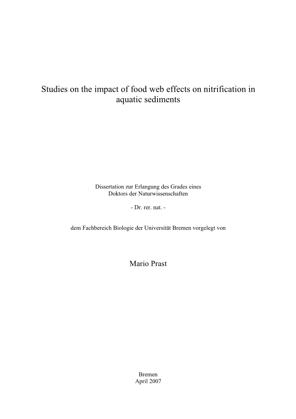 Studies on the Impact of Food Web Effects on Nitrification in Aquatic Sediments