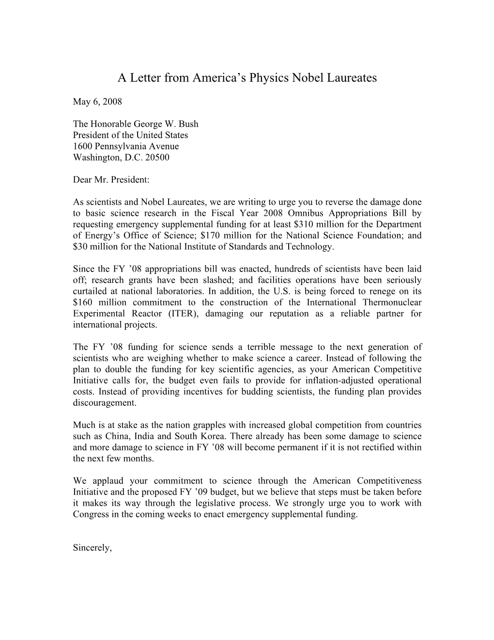 A Letter from America's Physics Nobel Laureates