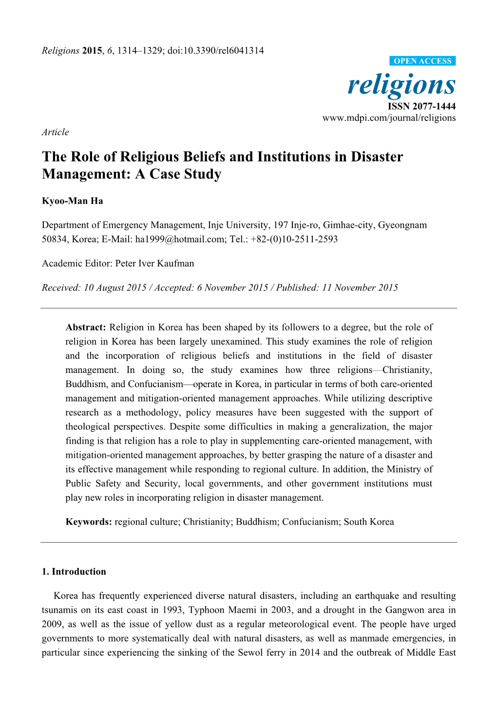 The Role of Religious Beliefs and Institutions in Disaster Management: a Case Study