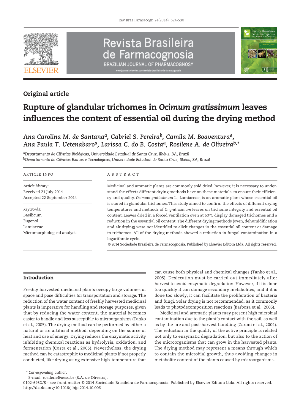 Ocimum Gratissimum Leaves Influences the Content of Essential Oil During the Drying Method