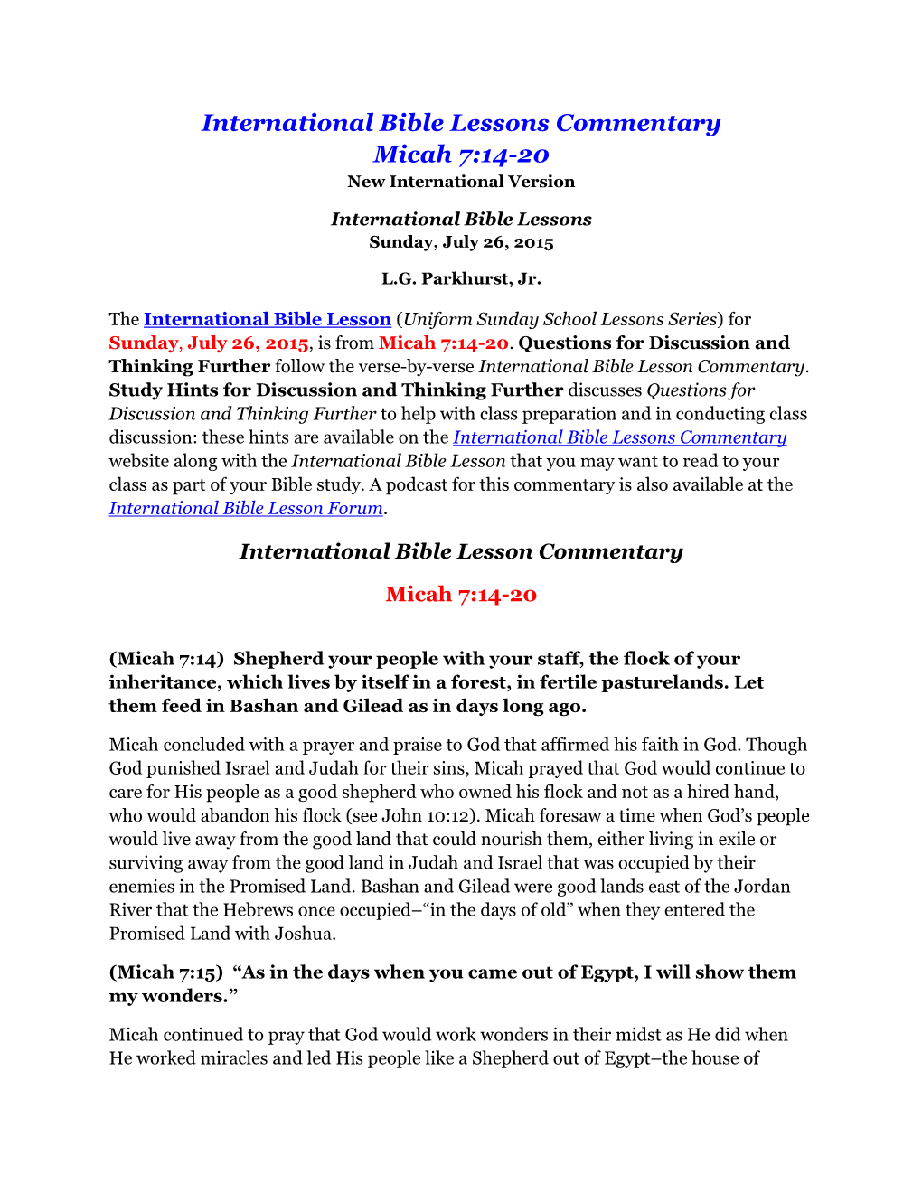 International Bible Lessons Commentary Micah 7:14-20 New International Version