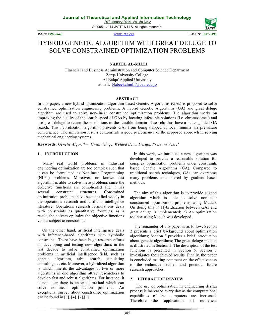 Hybrid Genetic Algorithm with Great Deluge to Solve Constrained Optimization Problems