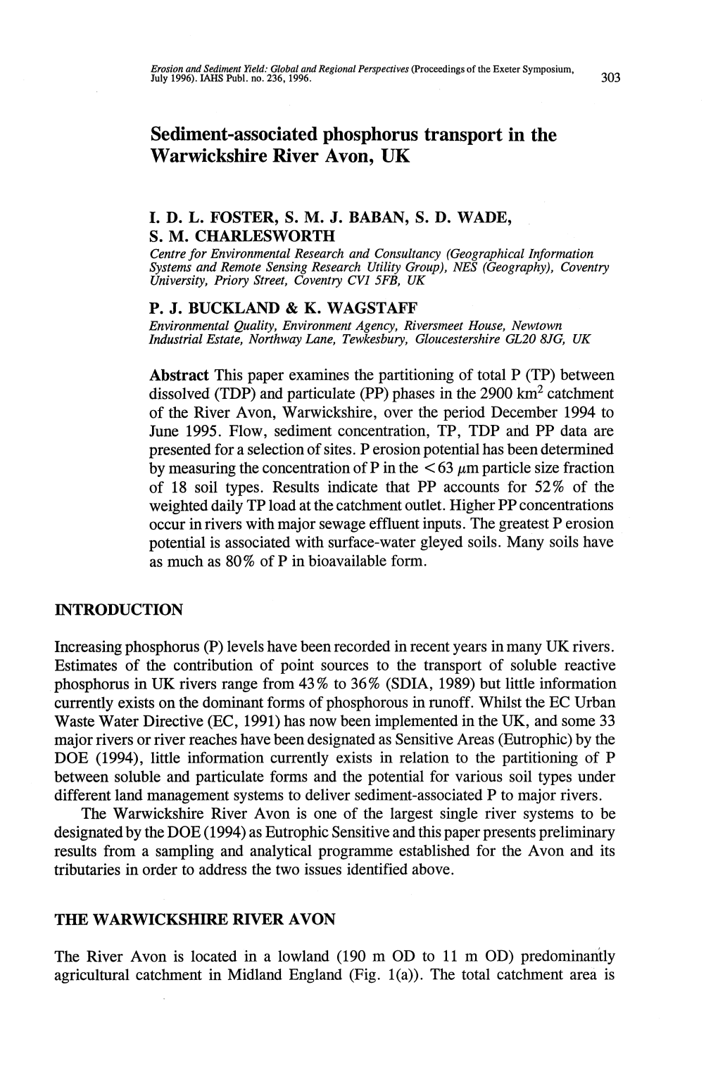 Sediment-Associated Phosphorus Transport in the Warwickshire River Avon, UK