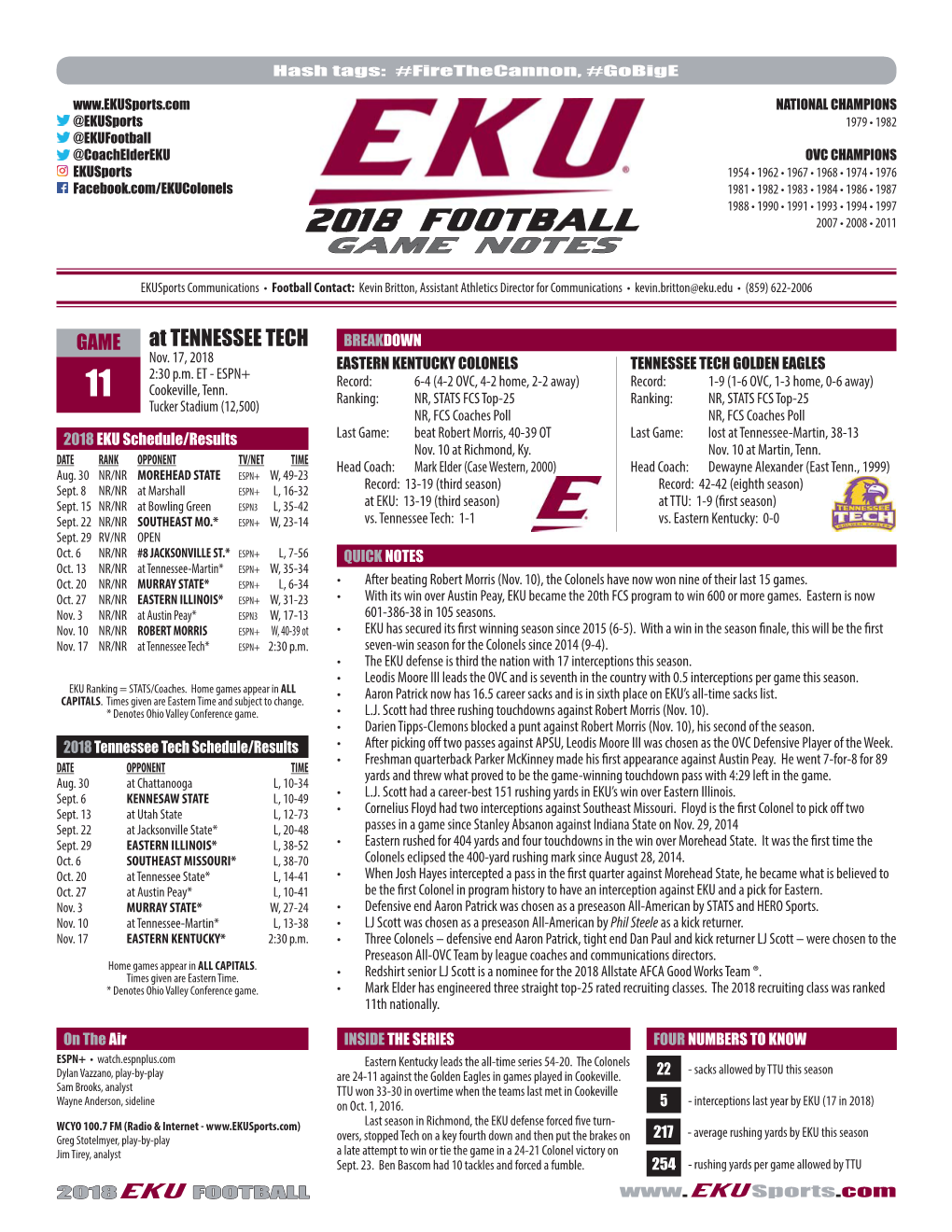 2018 EKU Game Notes (Game-11 at TTU).Indd