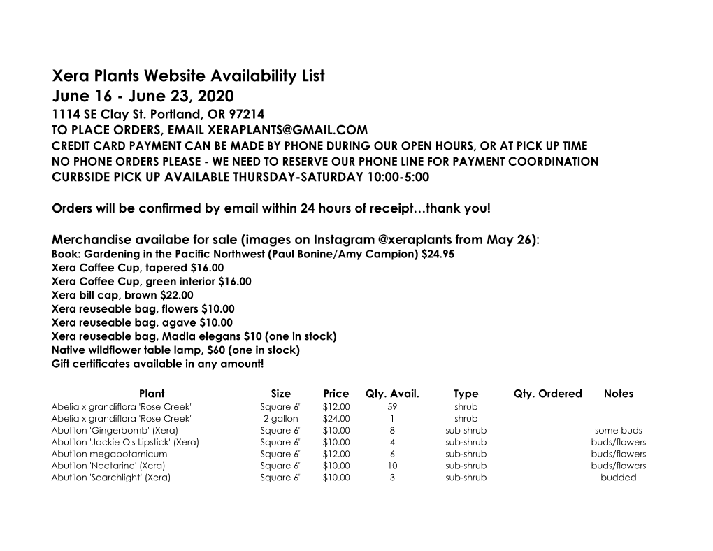 Xera Plants Website Availability List June 16 - June 23, 2020 1114 SE Clay St