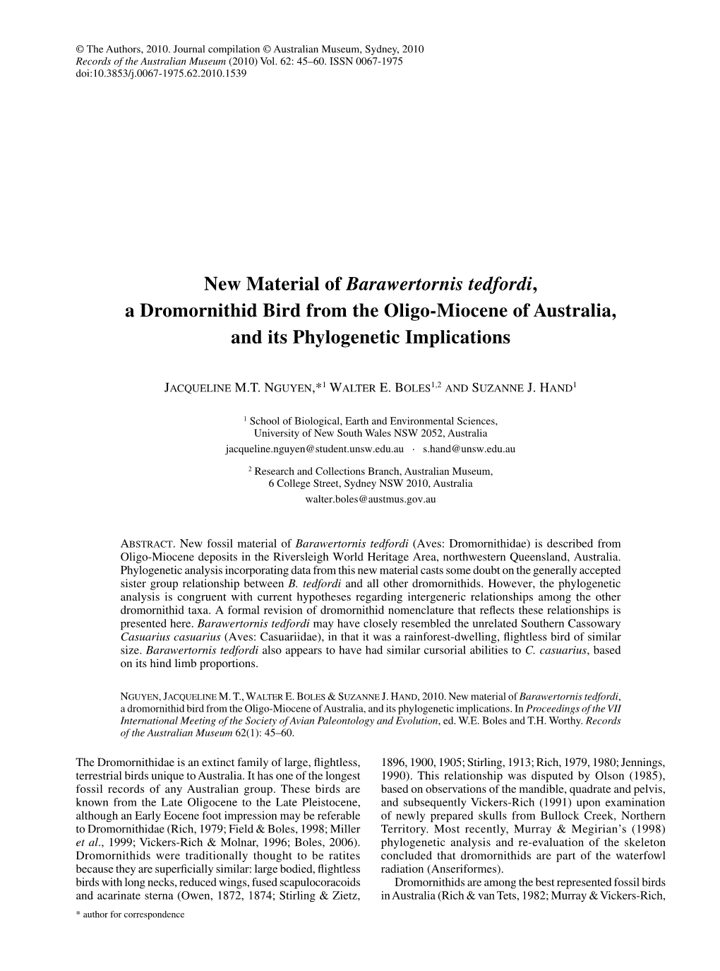 New Material of Barawertornis Tedfordi, a Dromornithid Bird from the Oligo-Miocene of Australia, and Its Phylogenetic Implications