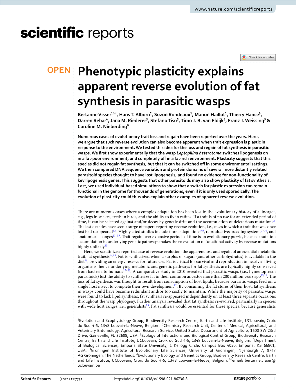 Phenotypic Plasticity Explains Apparent Reverse Evolution of Fat Synthesis in Parasitic Wasps Bertanne Visser1*, Hans T