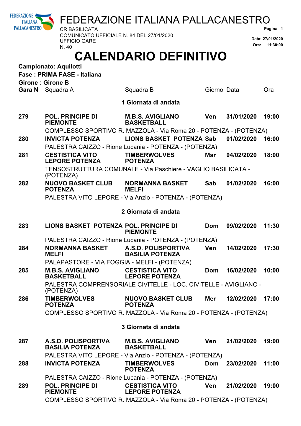 Calendario Girone B