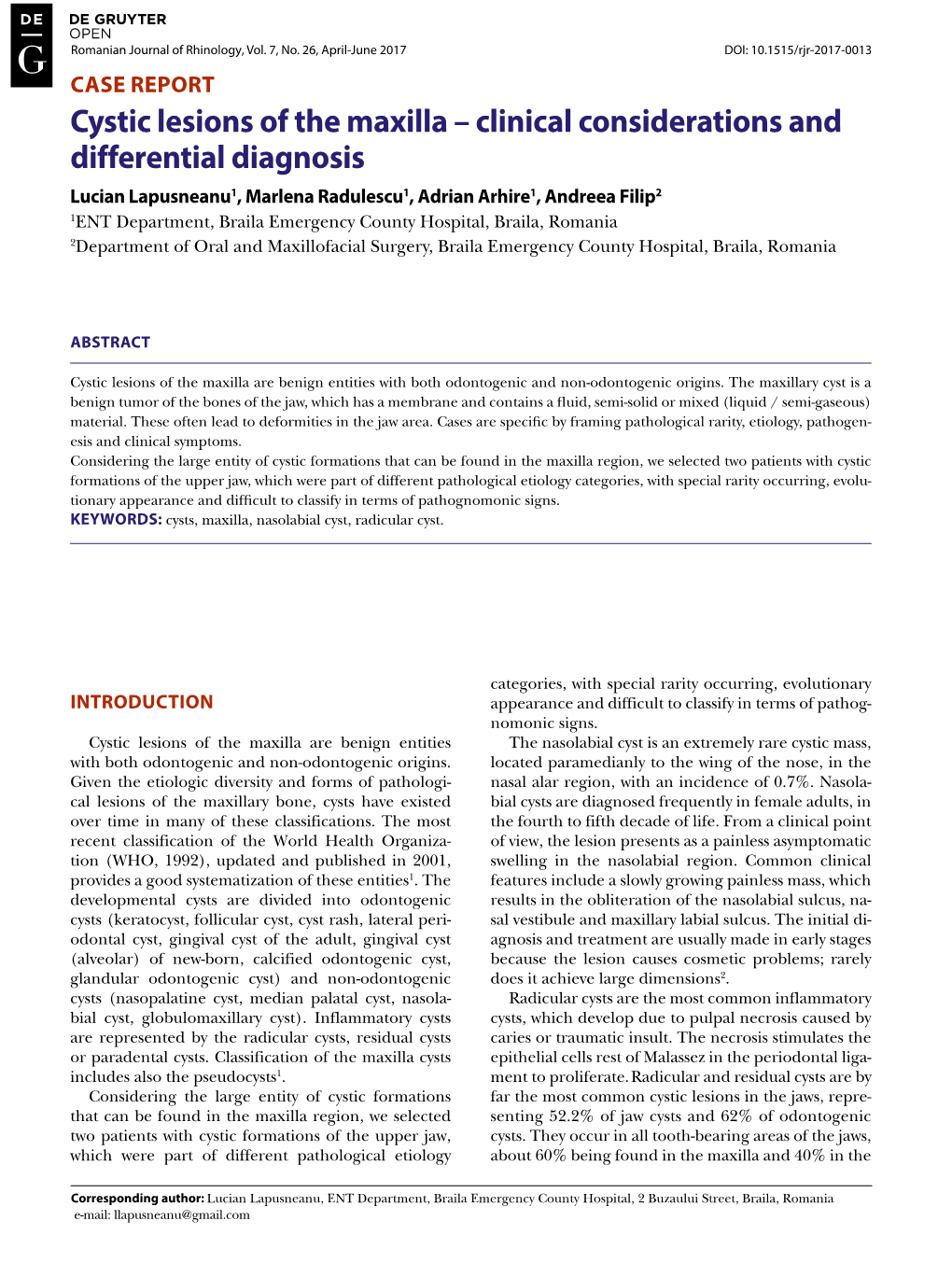 Cystic Lesions of the Maxilla