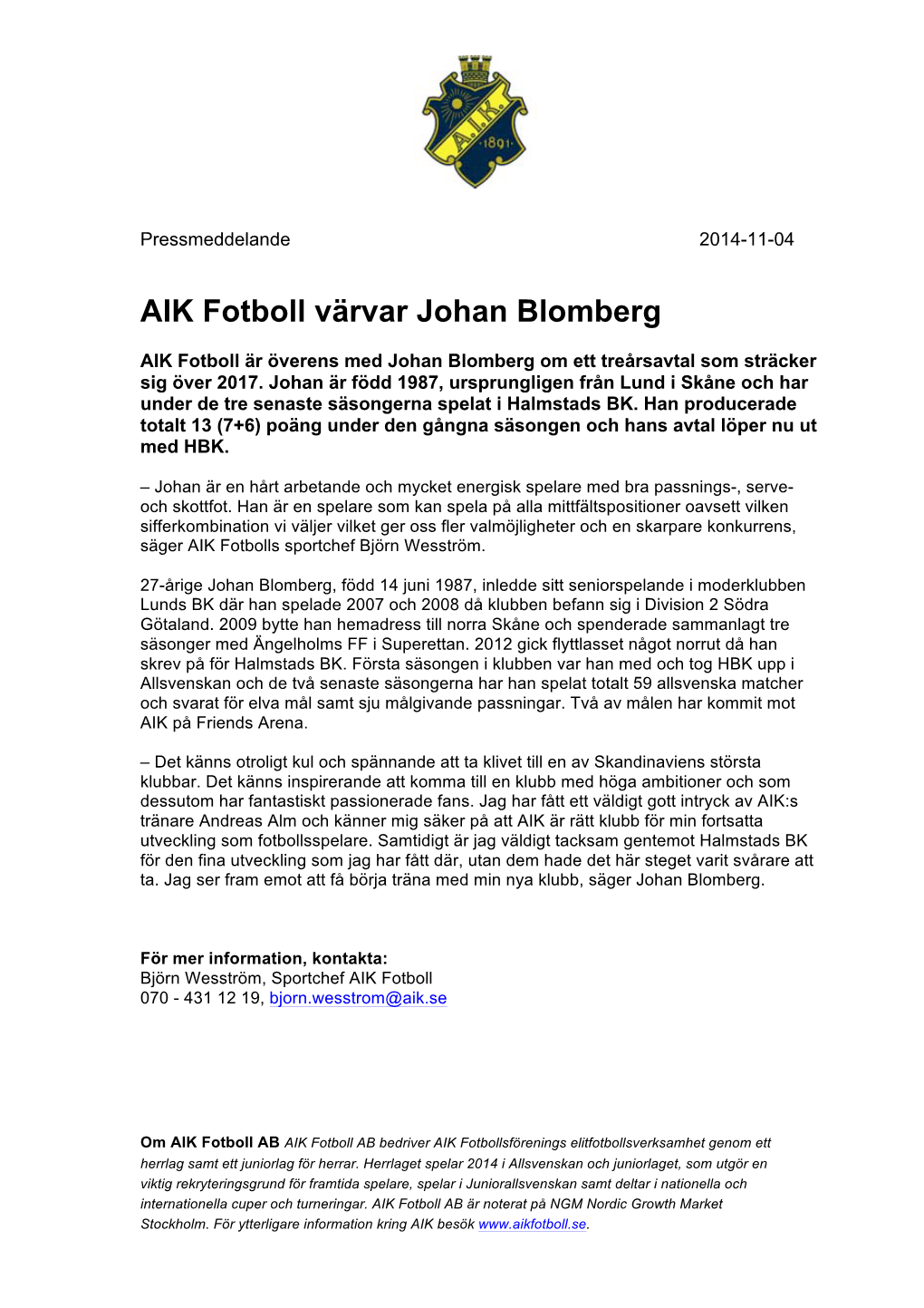 AIK Fotboll Värvar Johan Blomberg