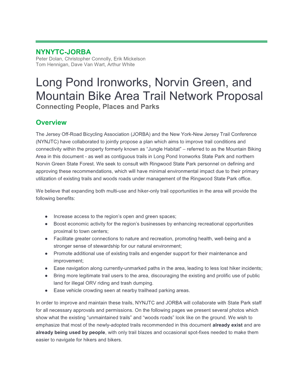 Long Pond Ironworks, Norvin Green, and Mountain Bike Area Trail Network Proposal Connecting People, Places and Parks