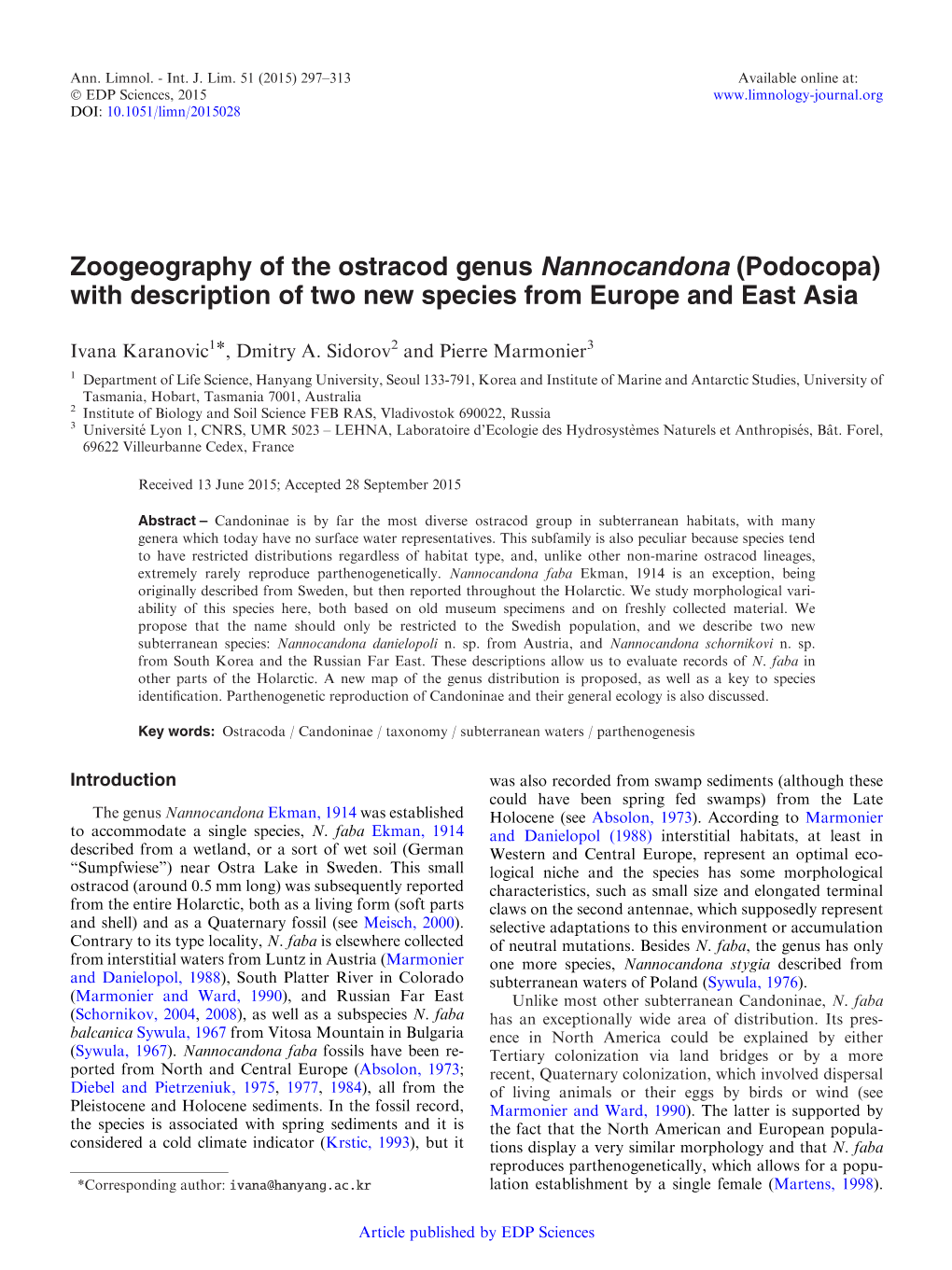 Zoogeography of the Ostracod Genus Nannocandona (Podocopa) with Description of Two New Species from Europe and East Asia