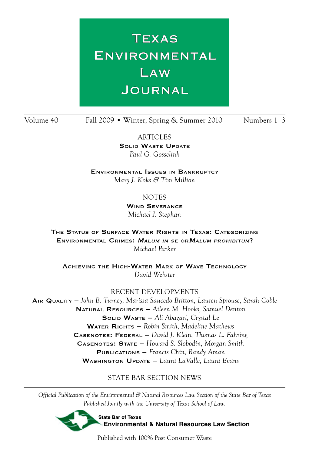 Texas Environmental Law Journal