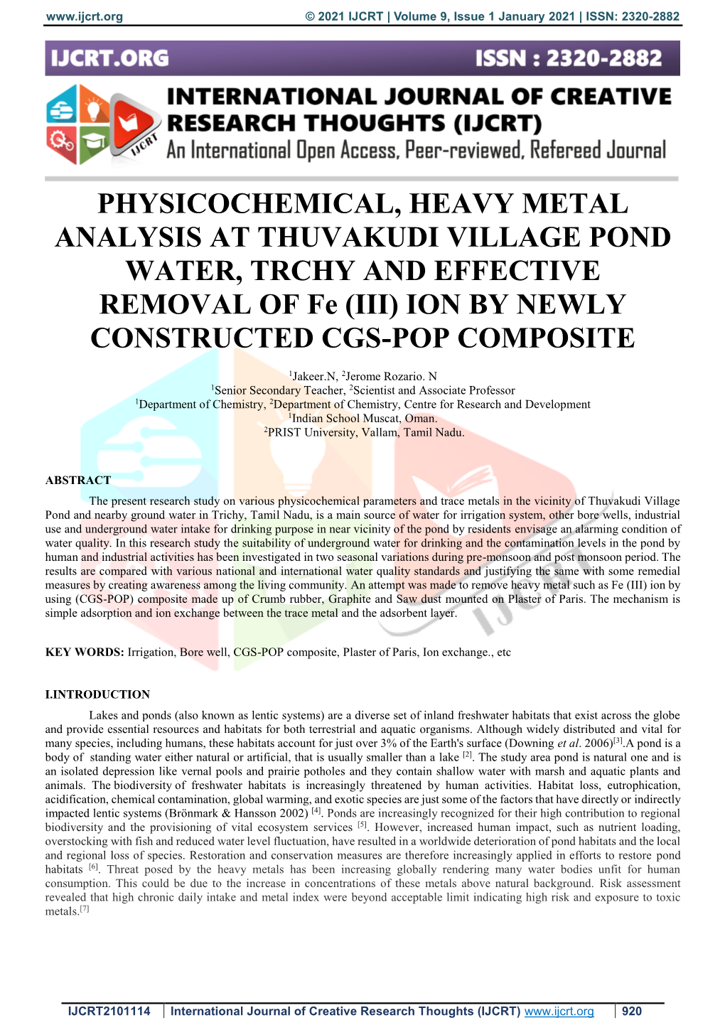 PHYSICOCHEMICAL, HEAVY METAL ANALYSIS at THUVAKUDI VILLAGE POND WATER, TRCHY and EFFECTIVE REMOVAL of Fe (III) ION by NEWLY CONSTRUCTED CGS-POP COMPOSITE