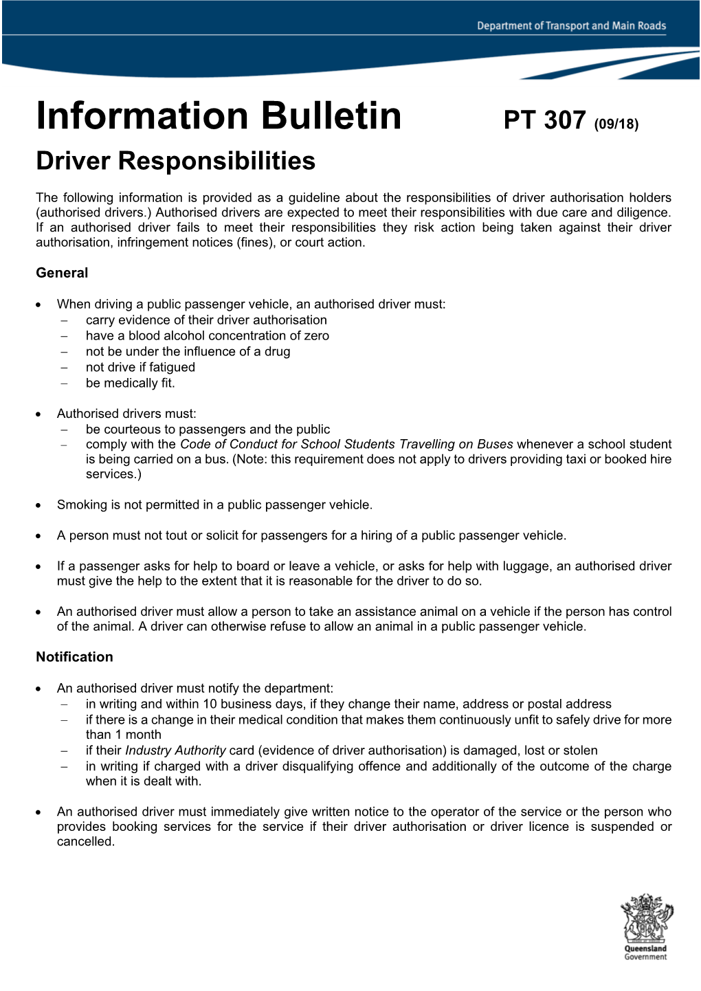 Information Bulletin PT 307 (09/18): Driver Responsibilities