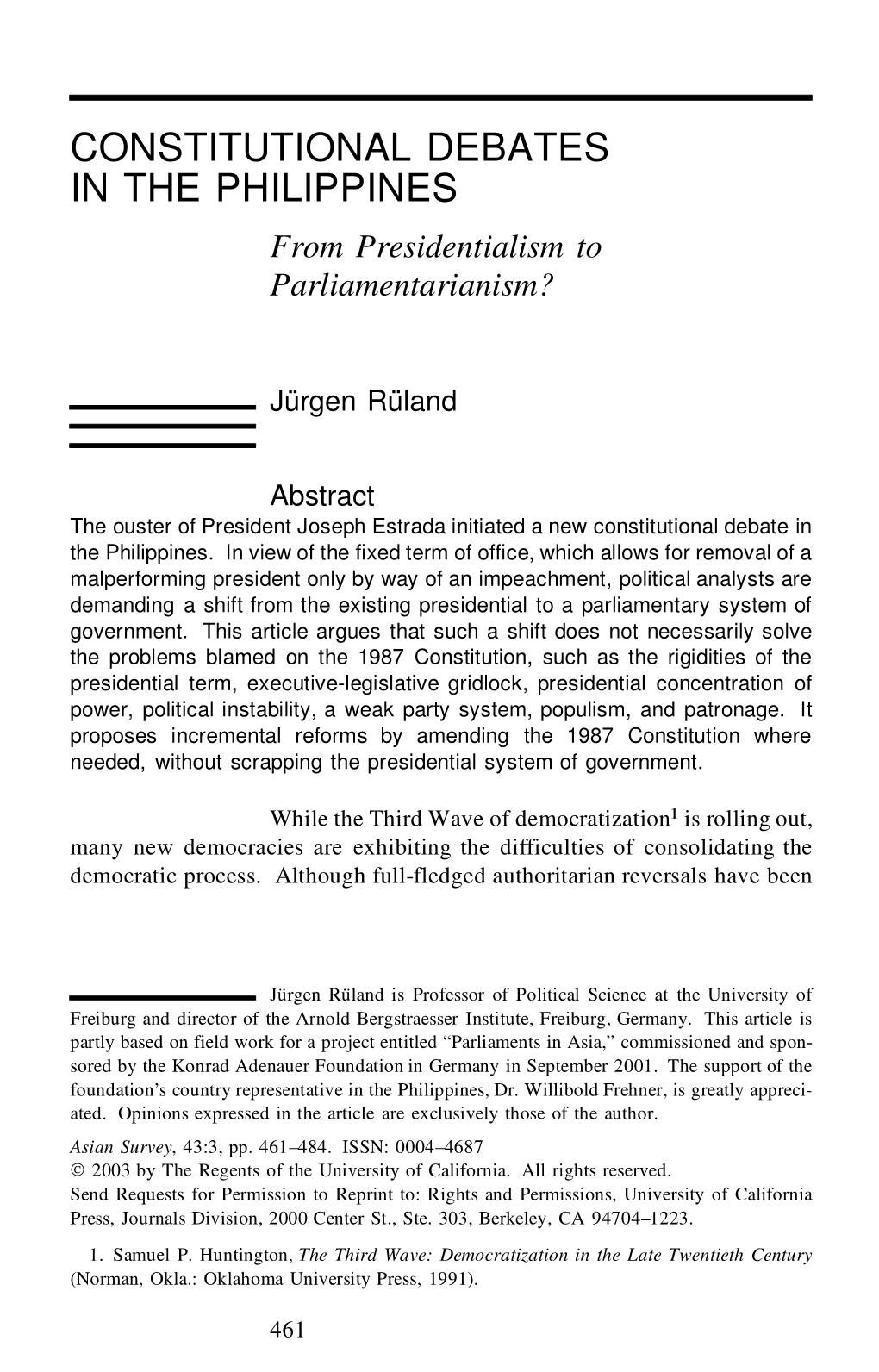 Constitutional Debates in the Philippines: from Presidentialism To