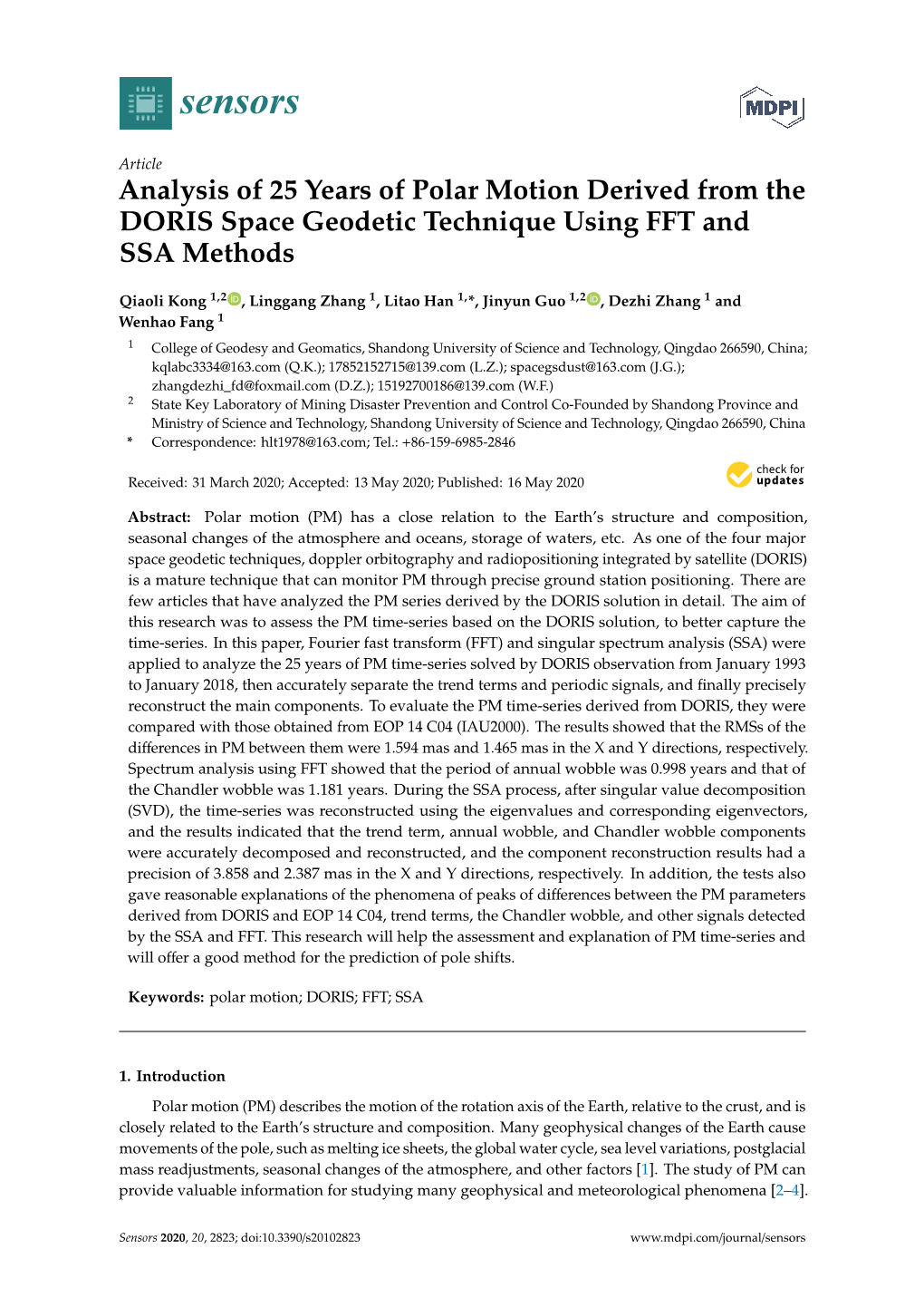 Analysis of 25 Years of Polar Motion Derived from the DORIS Space Geodetic Technique Using FFT and SSA Methods