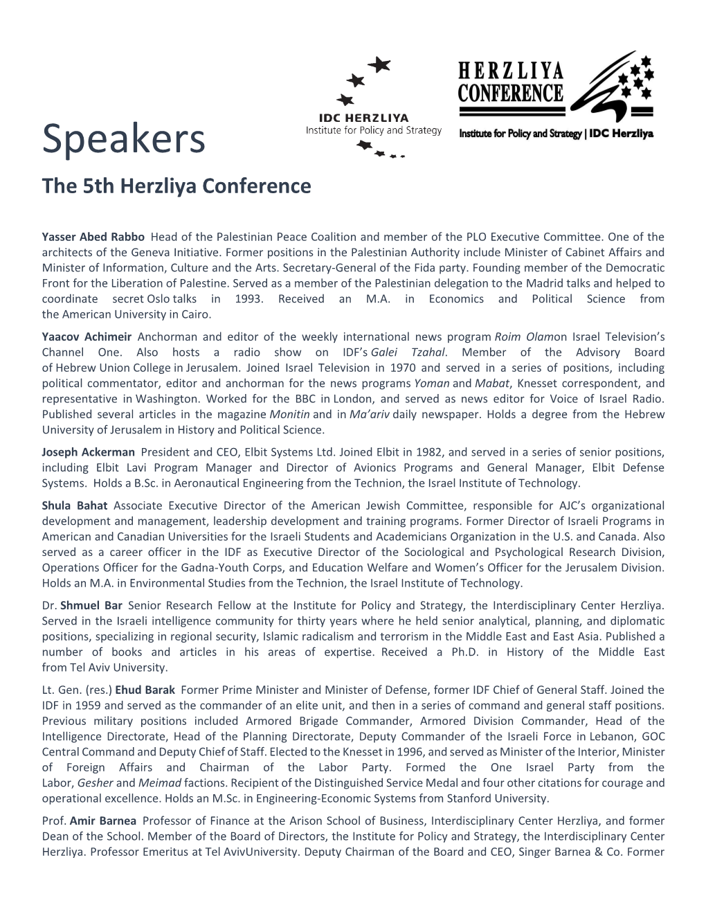 Speakers the 5Th Herzliya Conference