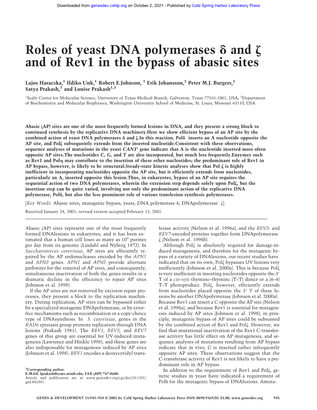 Roles of Yeast DNA Polymerases and and of Rev1 in the Bypass of Abasic