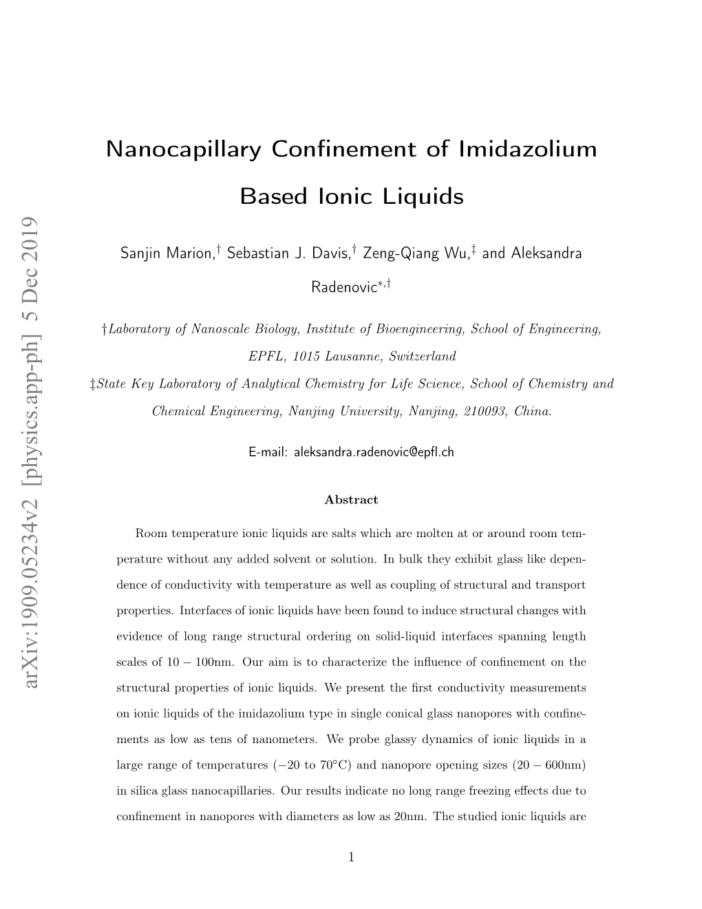 Nanocapillary Confinement of Imidazolium Based Ionic