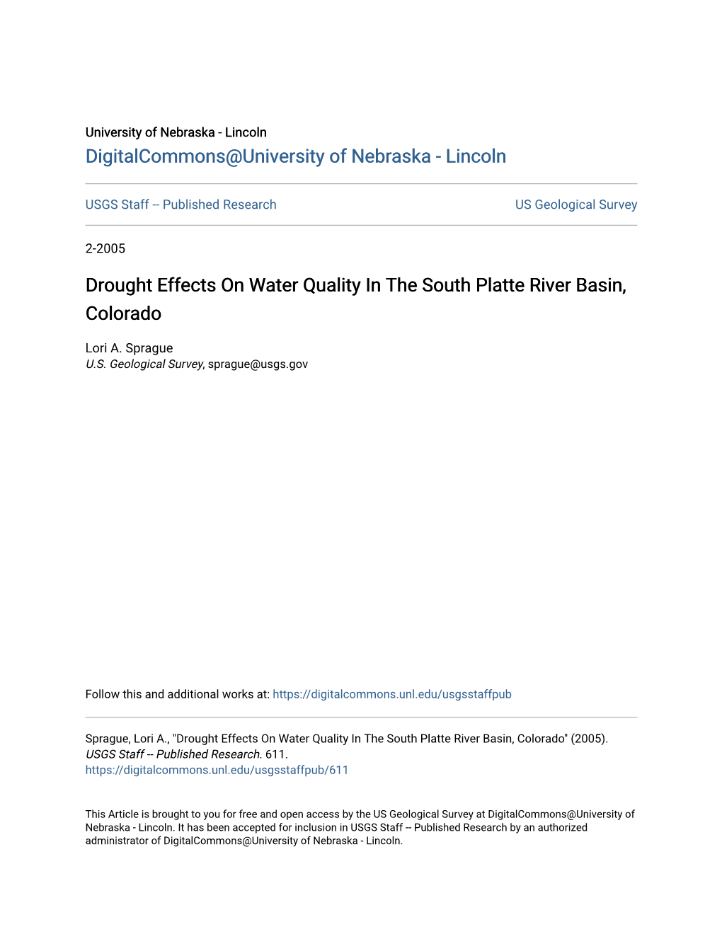 Drought Effects on Water Quality in the South Platte River Basin, Colorado
