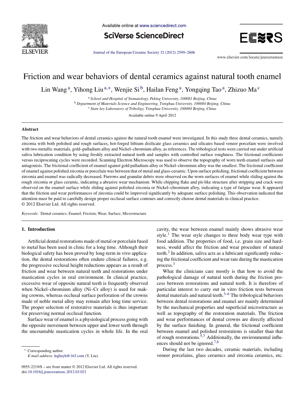 Friction and Wear Behaviors of Dental Ceramics Against Natural Tooth Enamel