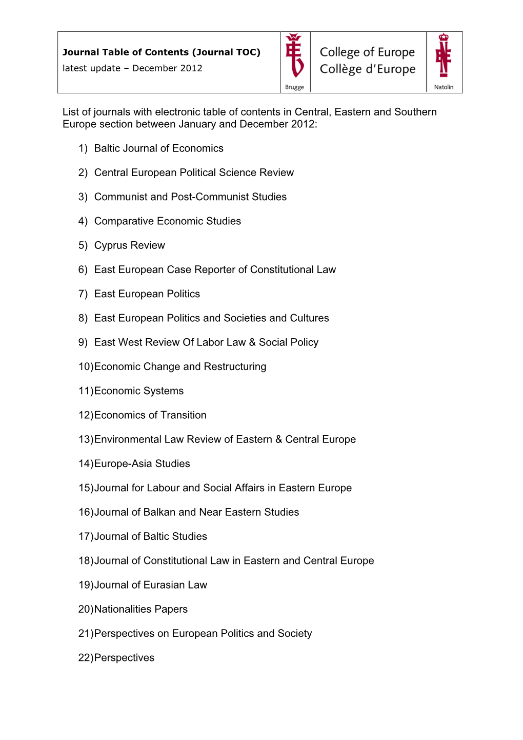 List of Journals with Electronic Table of Contents in Central, Eastern and Southern Europe Section Between January and December 2012