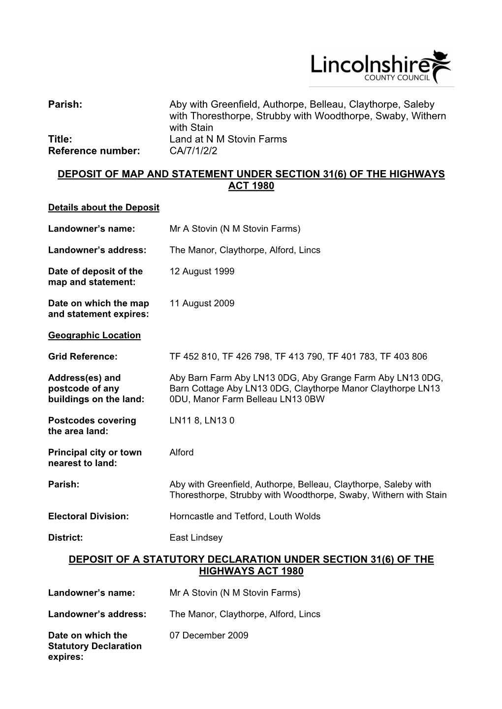 Land at N M Stovin Farms Reference Number: CA/7/1/2/2