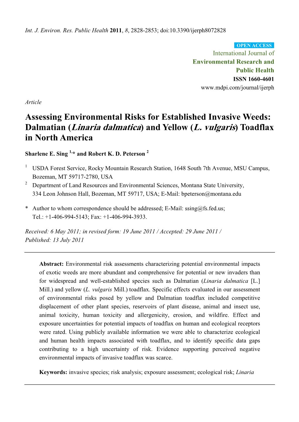 Assessing Environmental Risks for Established Invasive Weeds: Dalmatian (Linaria Dalmatica) and Yellow (L