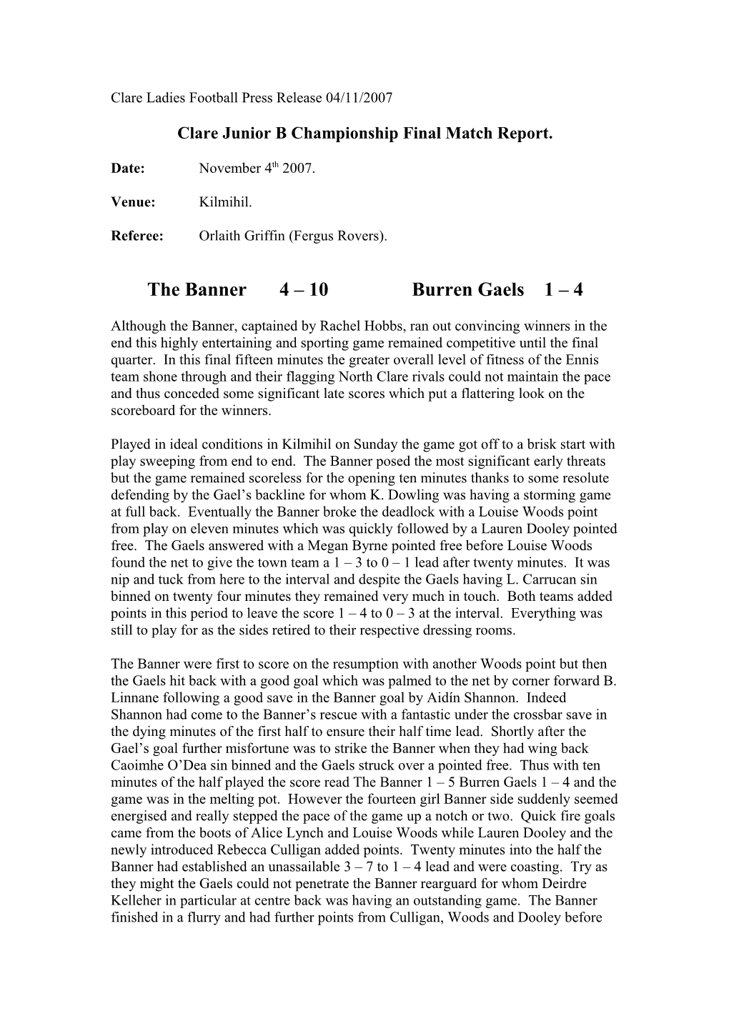 Clare Ladies Football Press Release 04/11/2007