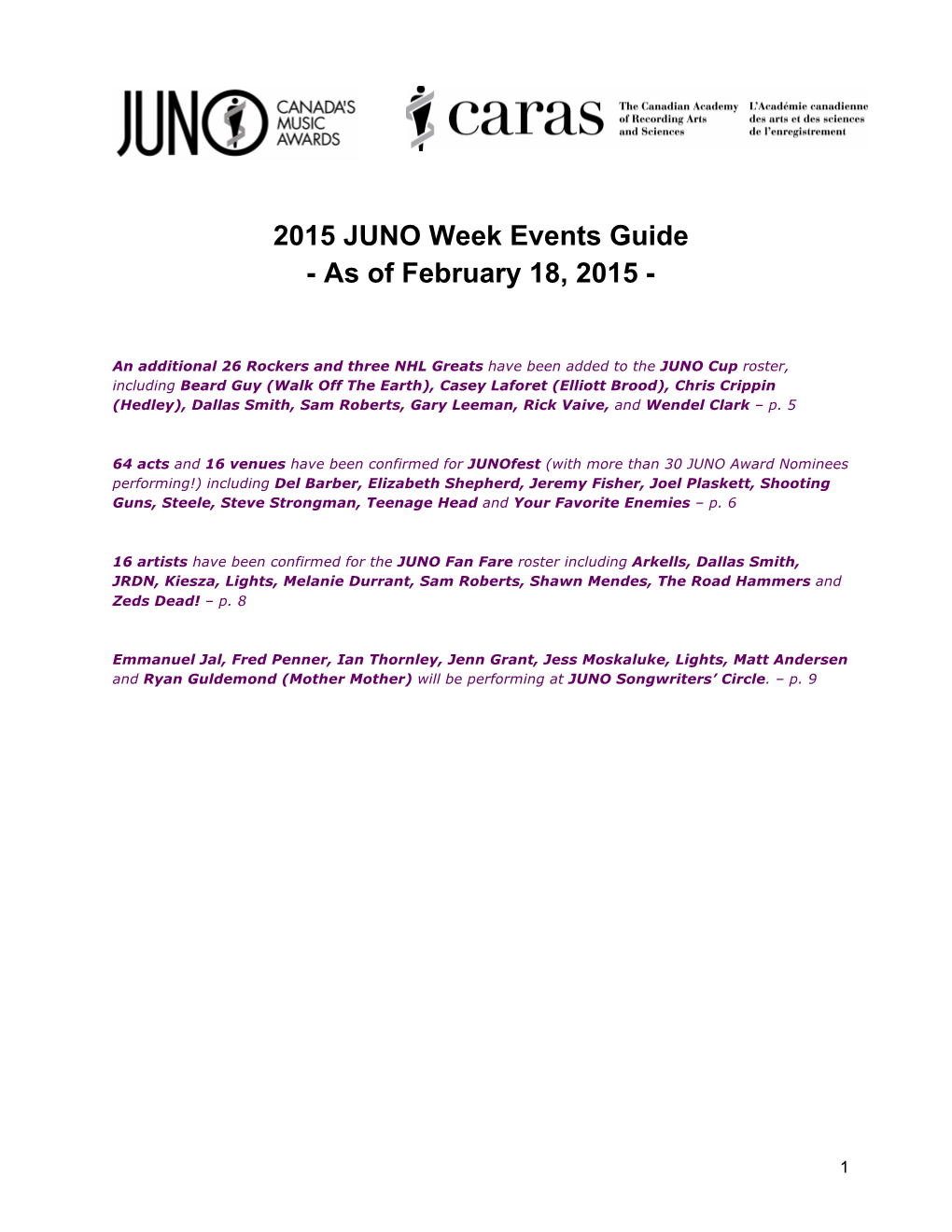 2015 JUNO Week Events Guide - As of February 18, 2015