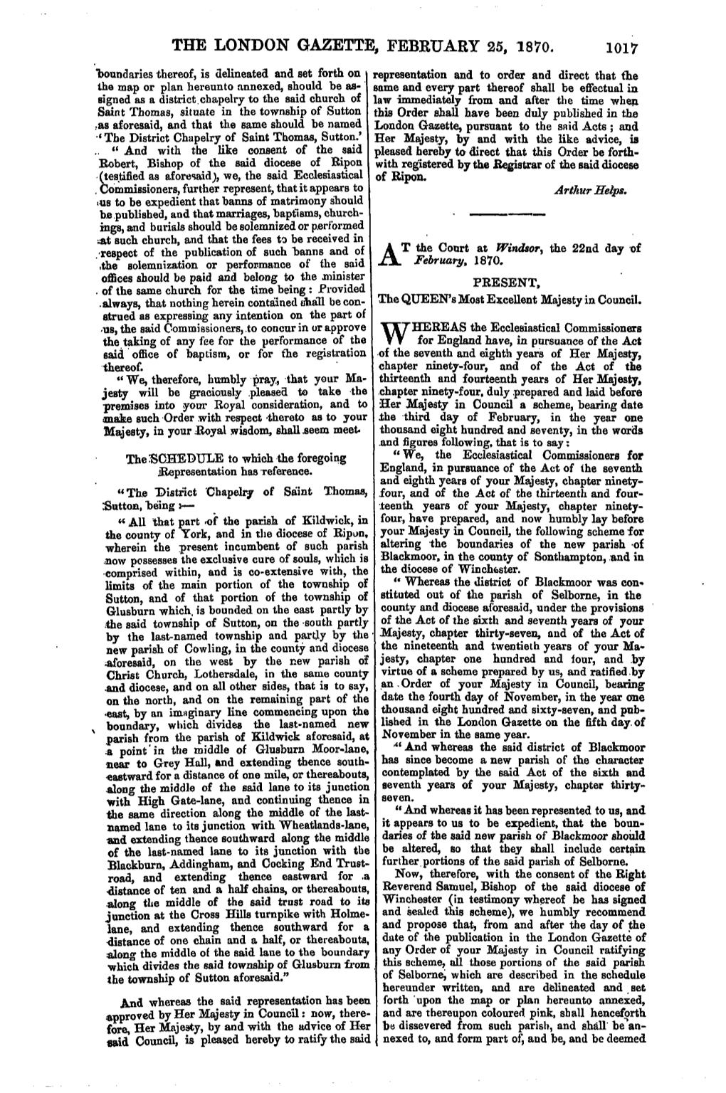 The London Gazette, February 25, 1870. 1017