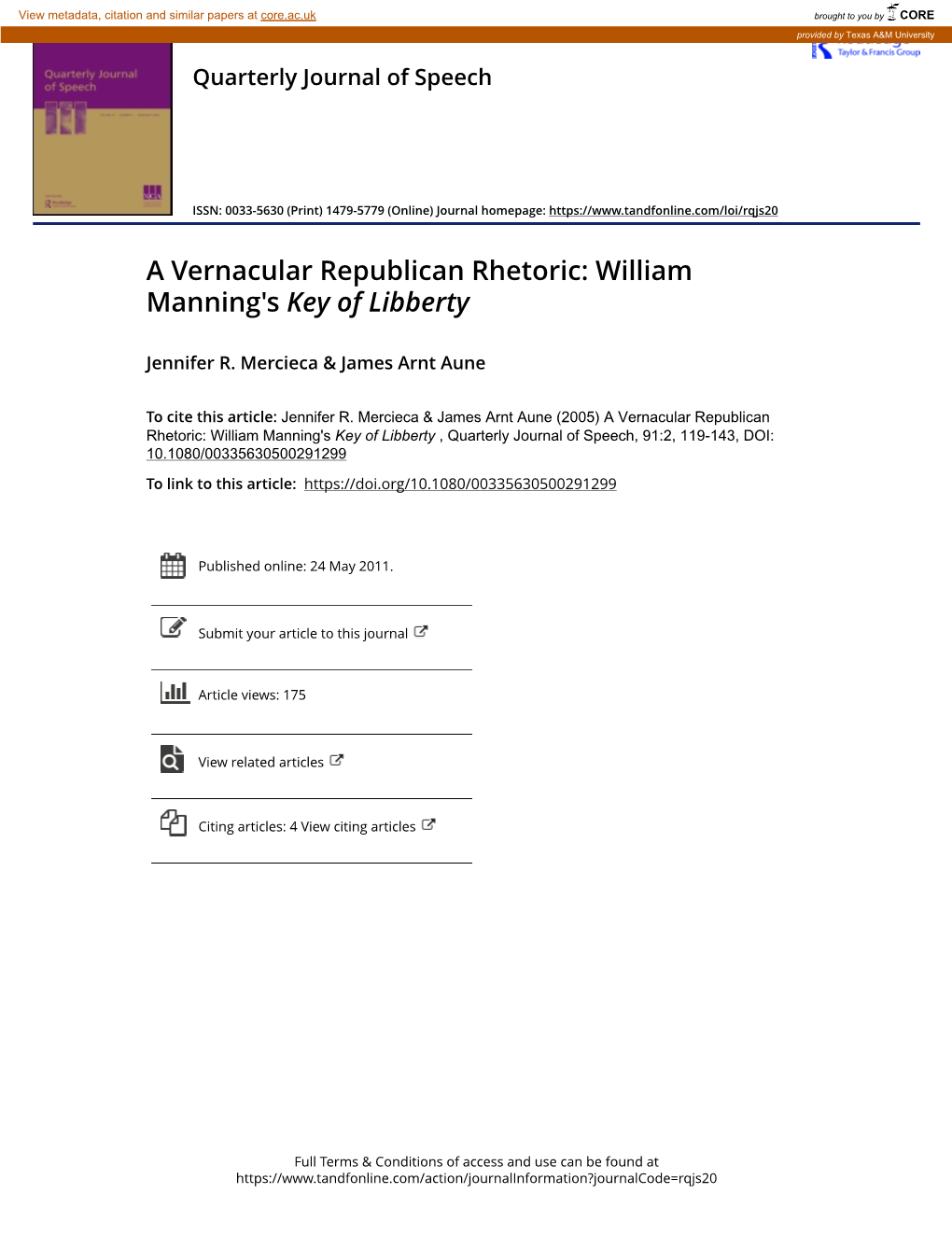 A Vernacular Republican Rhetoric: William Manning's Key of Libberty