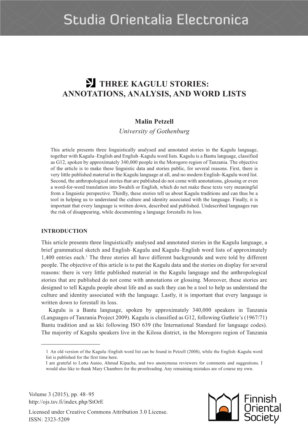 Three Kagulu Stories: Annotations, Analysis, and Word Lists