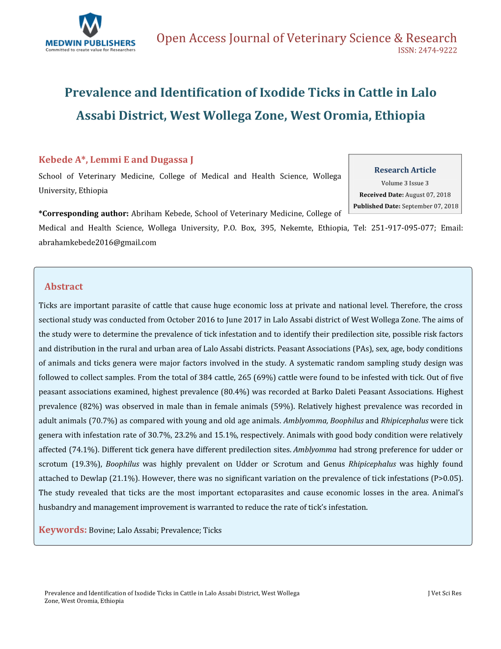 Prevalence and Identification of Ixodide Ticks in Cattle in Lalo Assabi District, West Wollega Zone, West Oromia, Ethiopia