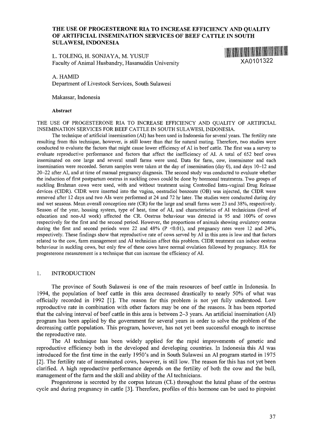 The Use of Progesterone Ria to Increase Efficiency and Quality of Artificial Insemination Services of Beef Cattle in South Sulawesi, Indonesia