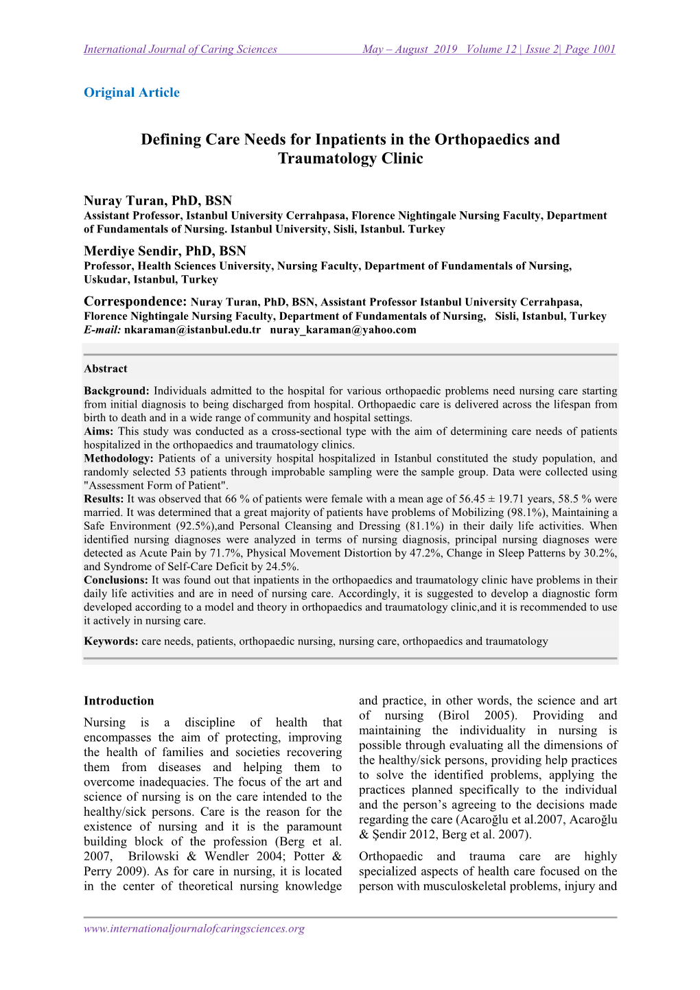 Defining Care Needs for Inpatients in the Orthopaedics and Traumatology Clinic