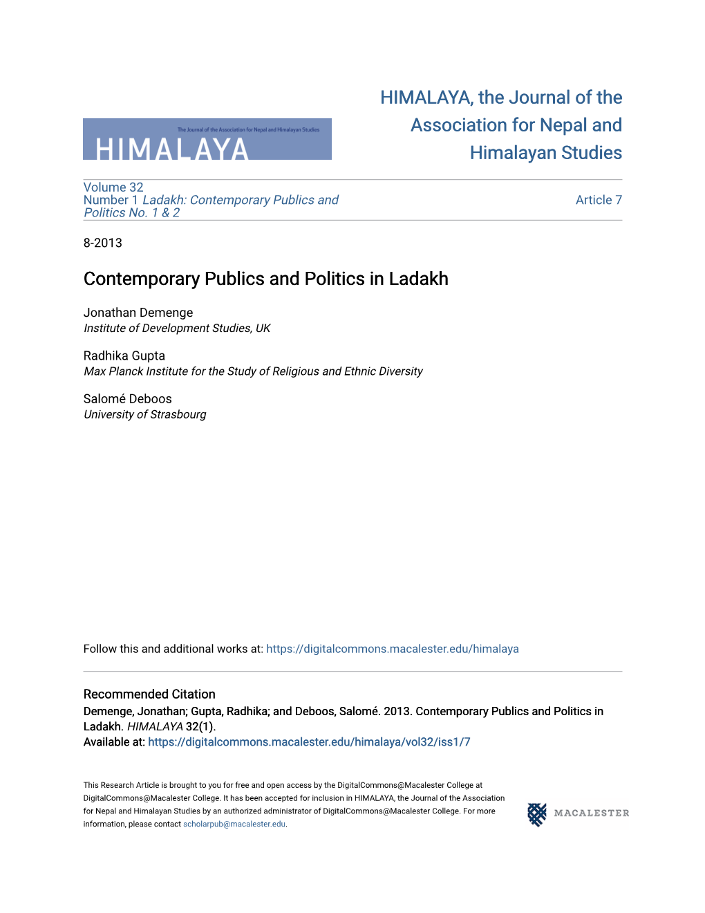 Contemporary Publics and Politics in Ladakh